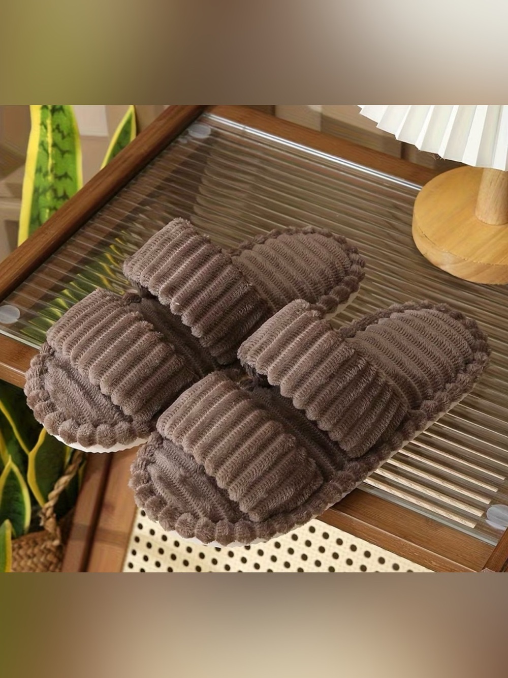Cozy Ribbed Slide Slippers in Taupe